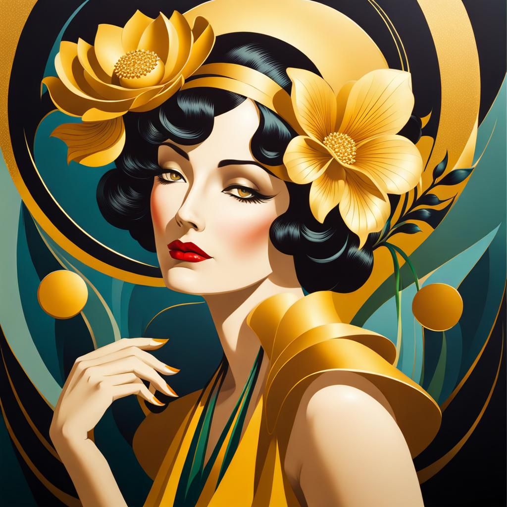 Art Deco Woman with Flower in Golden Light