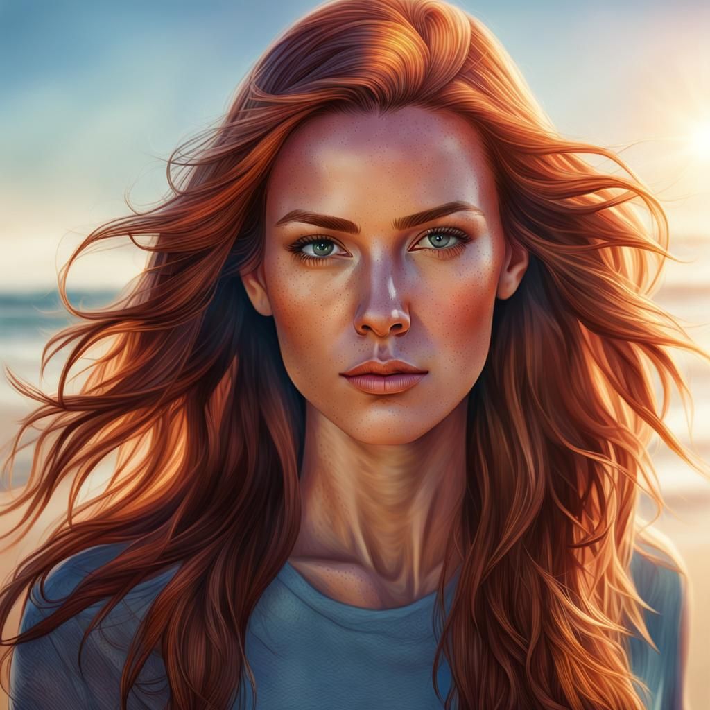 Auburn Haired Woman Walking on Beach in Splash Art Style