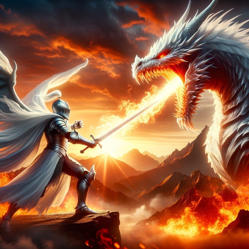 Epic White Knight vs White Dragon in Intense Fire-Filled Bat...