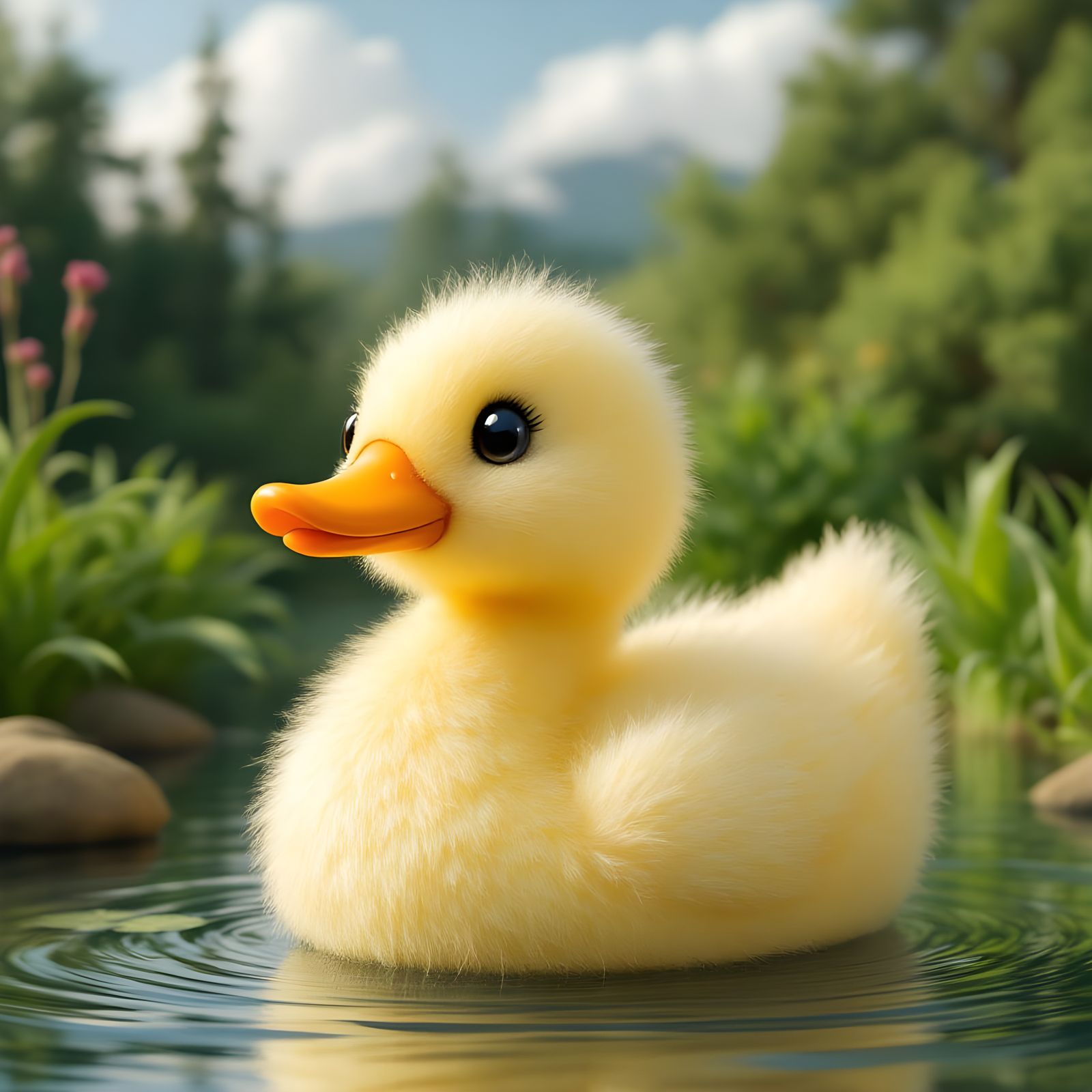 Surreal Felt Duck Swims in Lush Green Paradise
