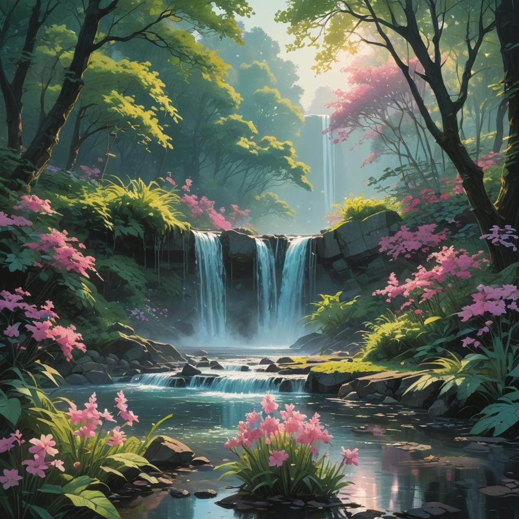 Ethereal Waterfalls in Lush Fantasy Landscape