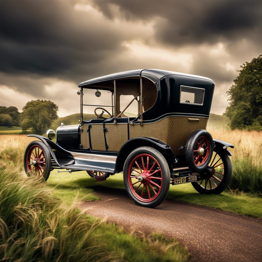 Model T Ford in Hyperrealistic English Countryside