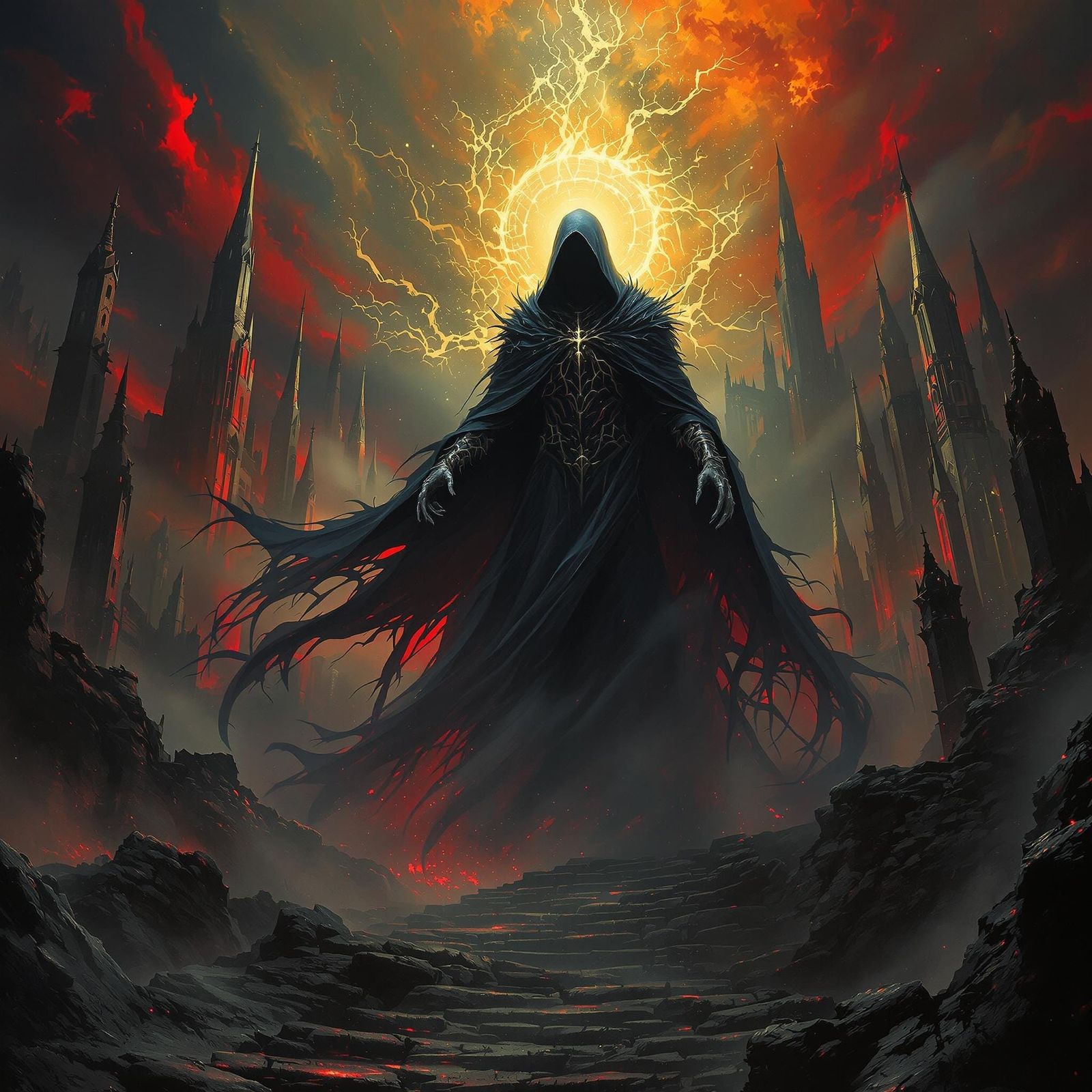 Ominous Death Figure in Mystical Gothic Cityscape