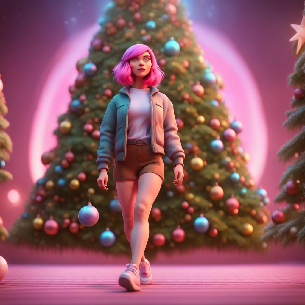 Pink-Haired Woman at Christmas Tree Show, 3D Animation