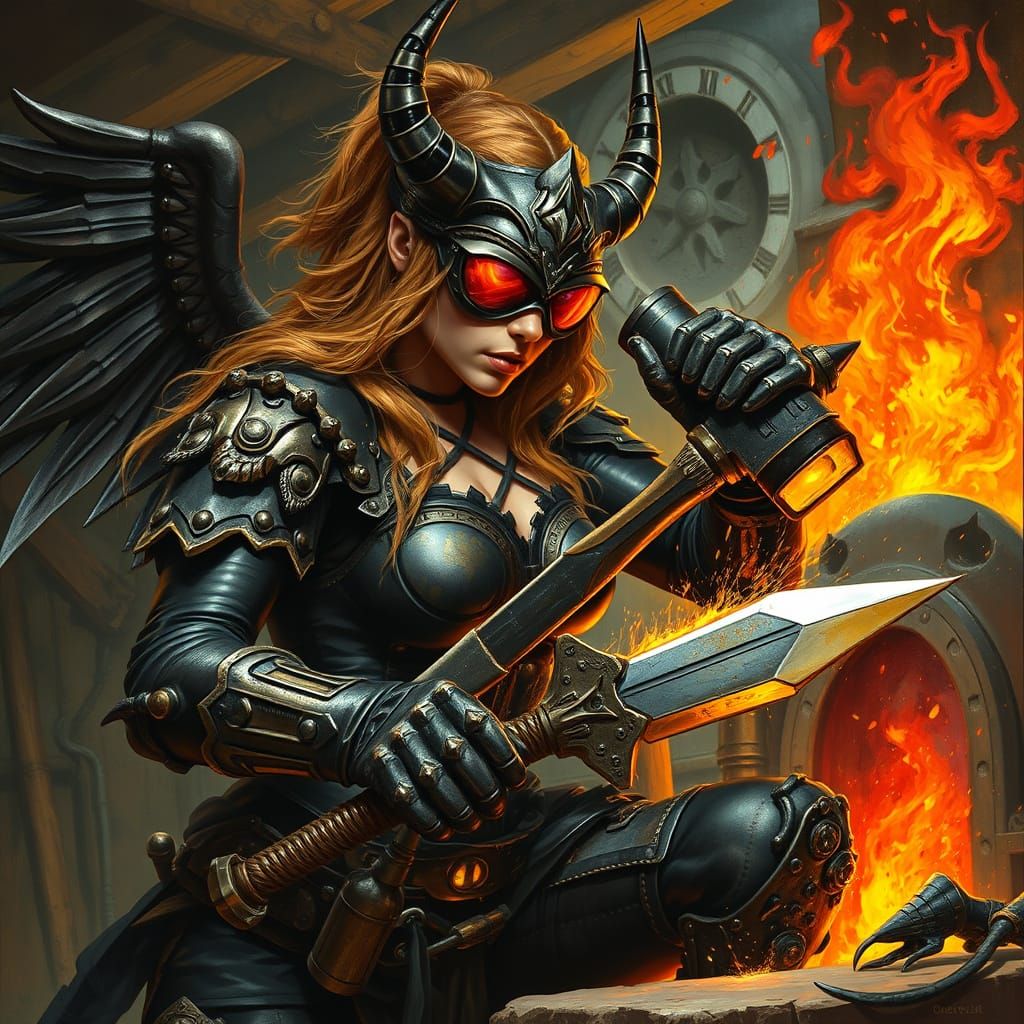 Valkyrie Blacksmith Forging a Sword with Biomechanical Detai...