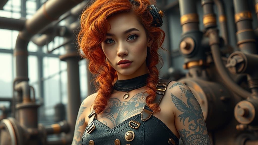 Steampunk Asian Beauty with Red Hair and Tattoos