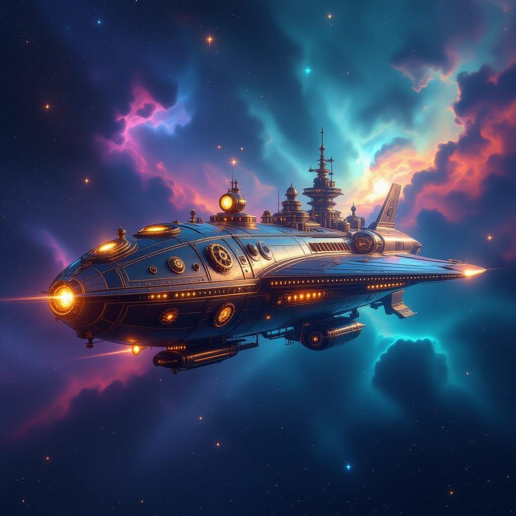 Steampunk Starship Before Vibrant Nebula in Digital Matte Pa...