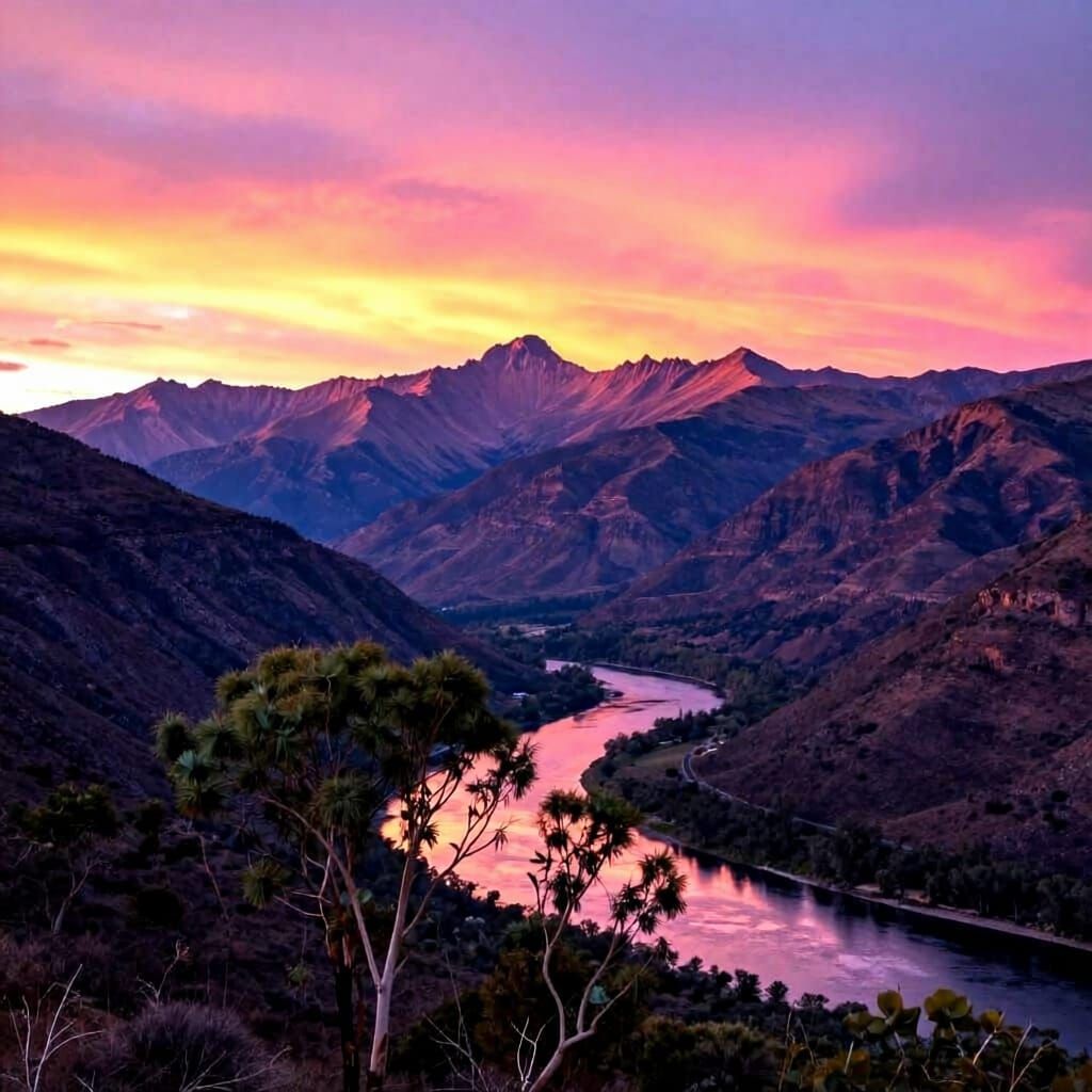 Mountain Range Sunset Vista with River and Eucalyptus Trees