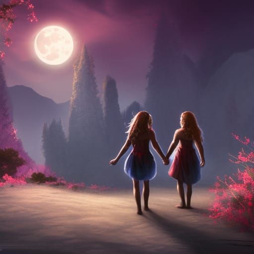 Girls Walking in Moonlight: Fantasy Concept Art