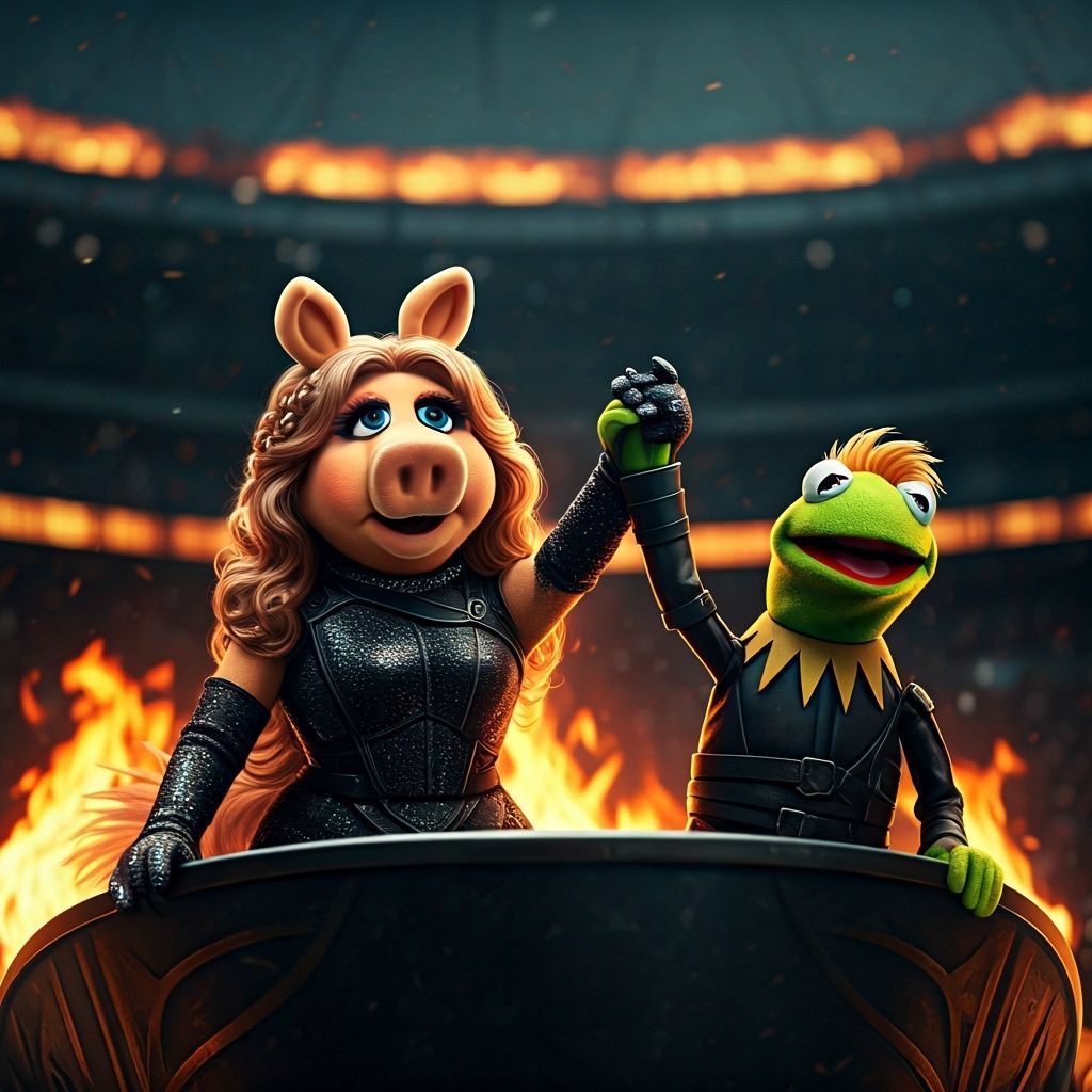 Miss Piggy and Kermit in Hunger Games Tribute Parade