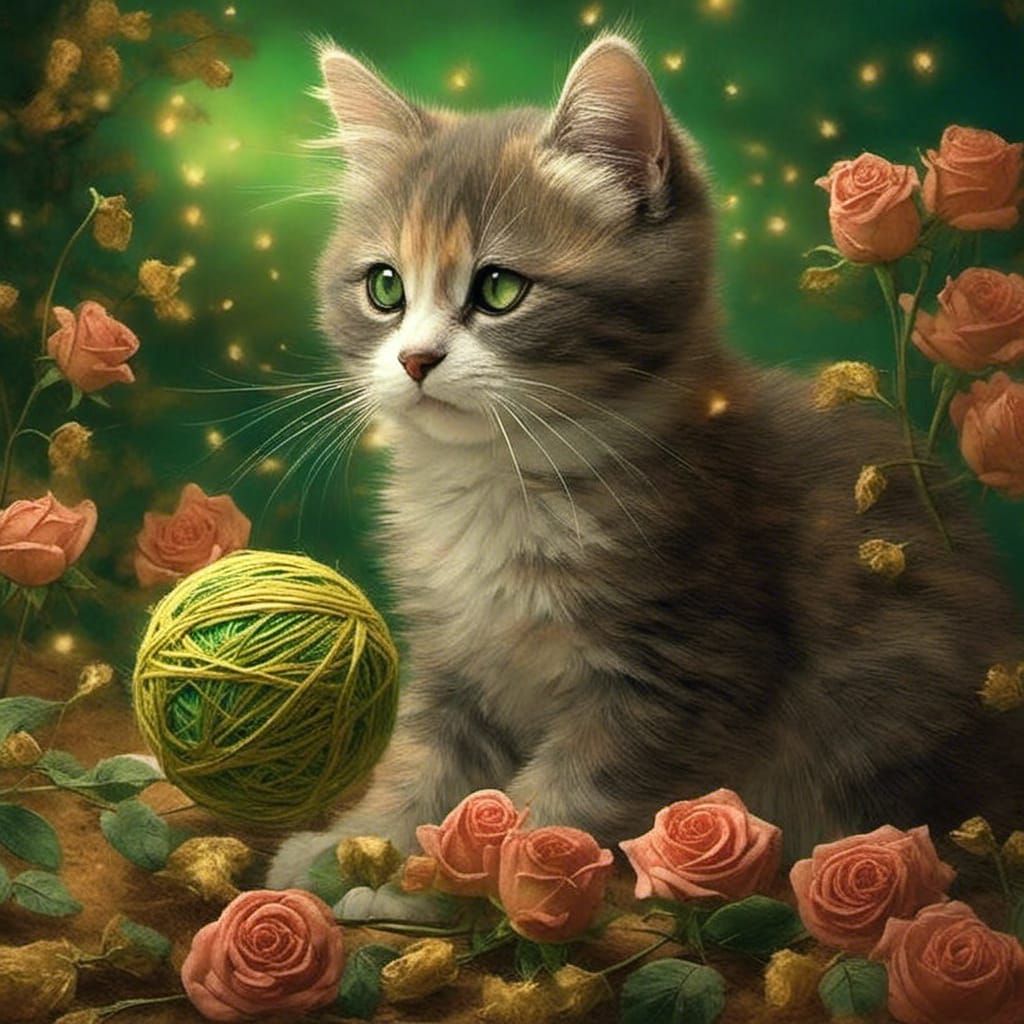 Cute Kitten with Yarn in Roses Forest