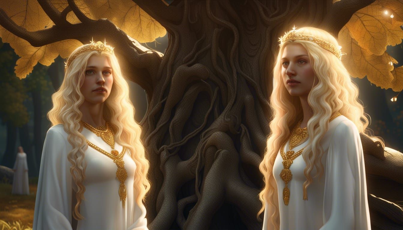 Twin Blonde Girls Under Cottonwood Tree: Dark Fantasy Art