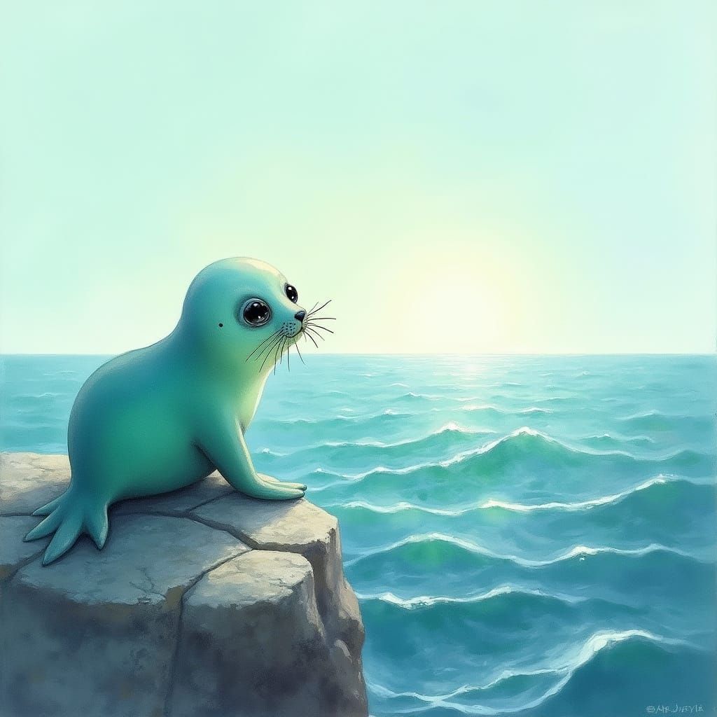 Iridescent Glass Seal on Rocky Outcrop in Watercolor Style