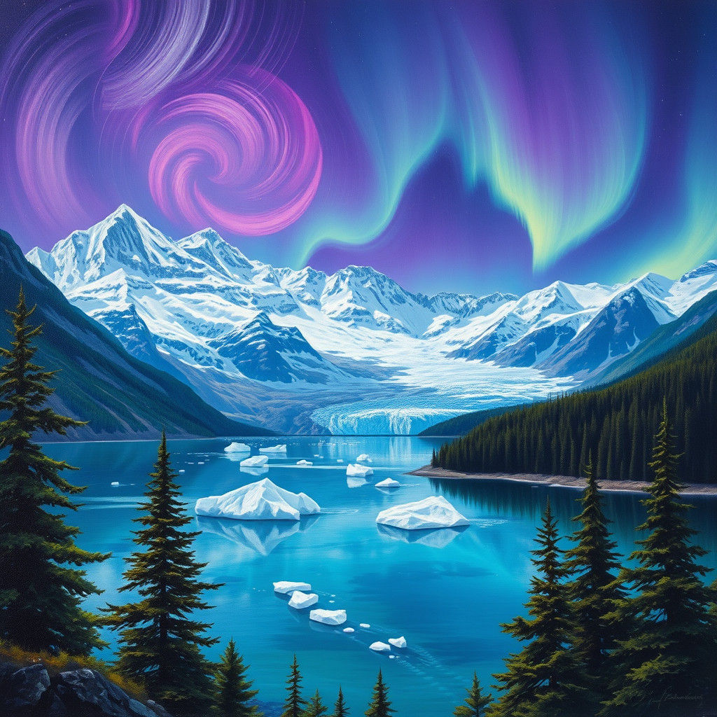 Glaciers Under Northern Lights: Atmospheric Landscape