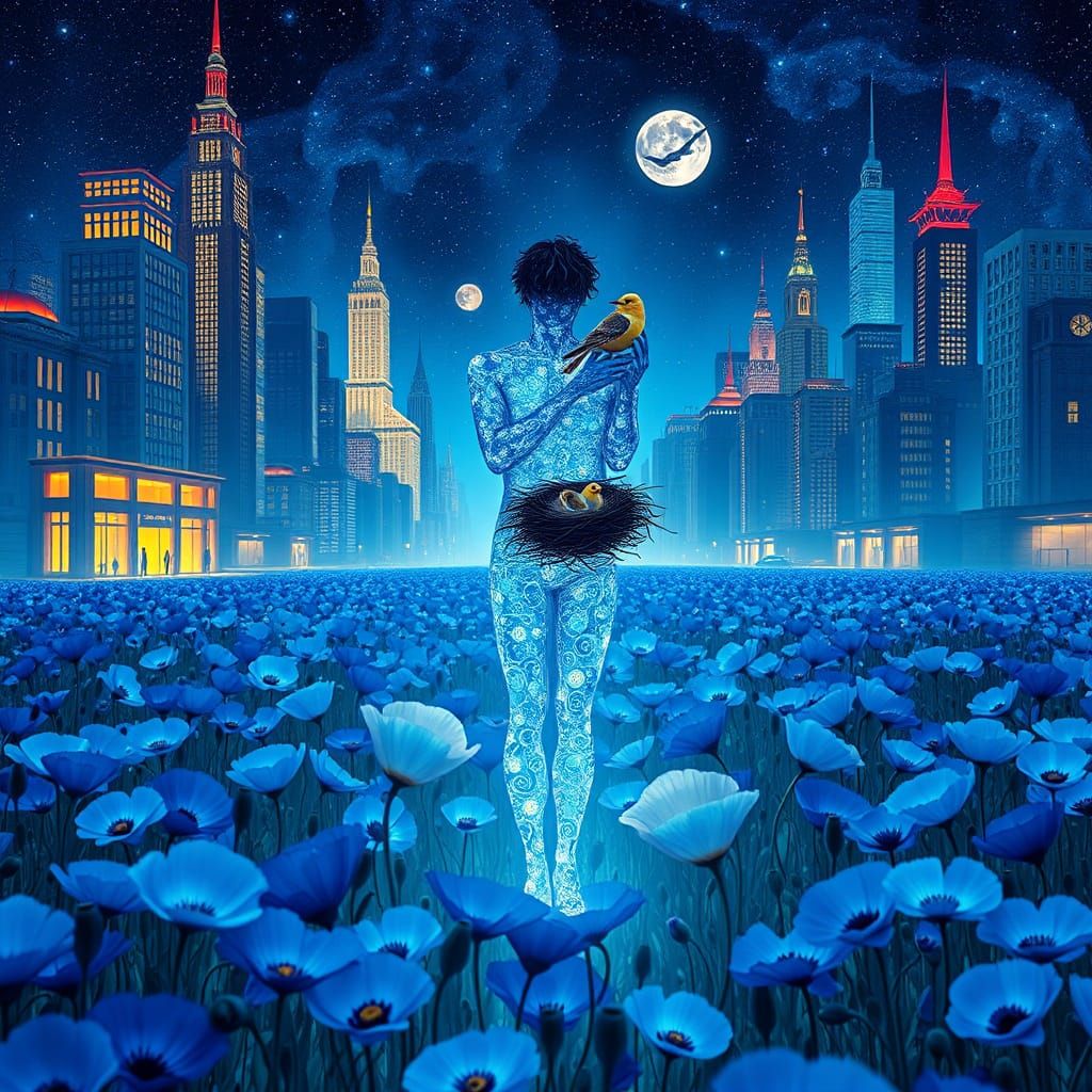 Blue Man in Poppy Field with Energy Lines, Surreal Art