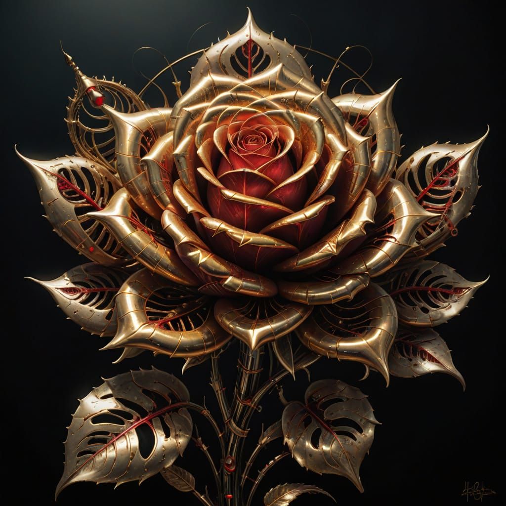 Surreal Gold Rose in Dark Futuristic Biomechanical Style