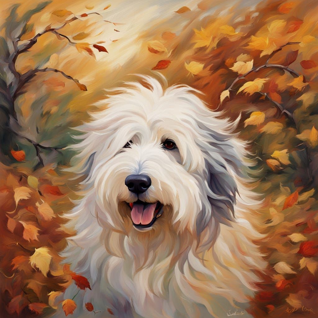 Old English Sheepdog in Wind, Impressionist Oil Painting