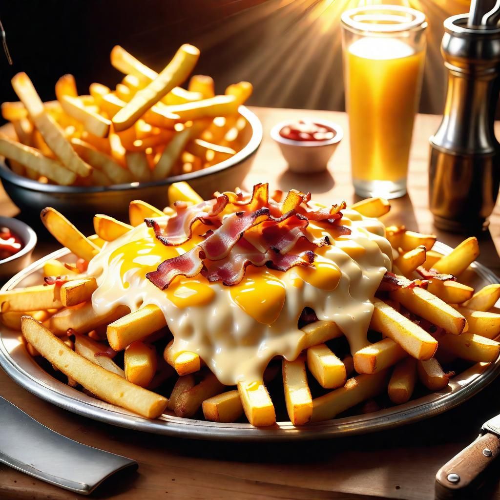 Delicious Cheese and Bacon Fries on Silver Platter