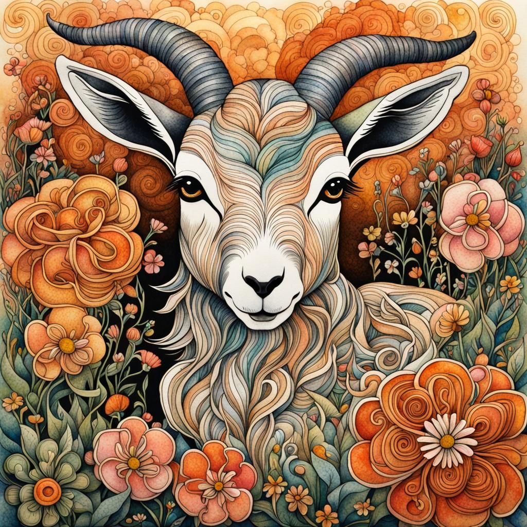 Baby Goat in Flowery Field: Ink and Watercolor Art