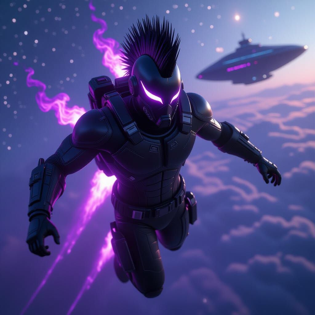 Muscular Space Traveler with Purple Flames in Cosmic Expanse