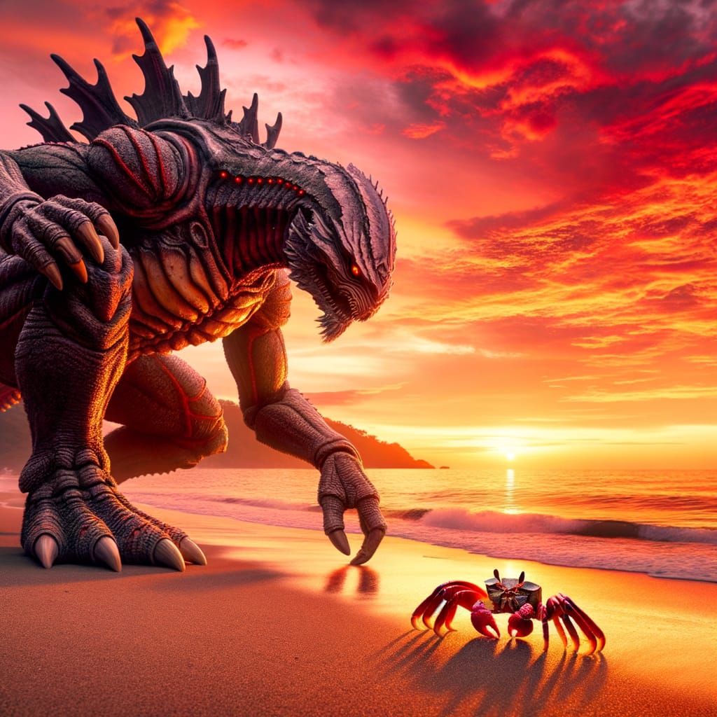 Kaiju and Crab on Beach at Sunset
