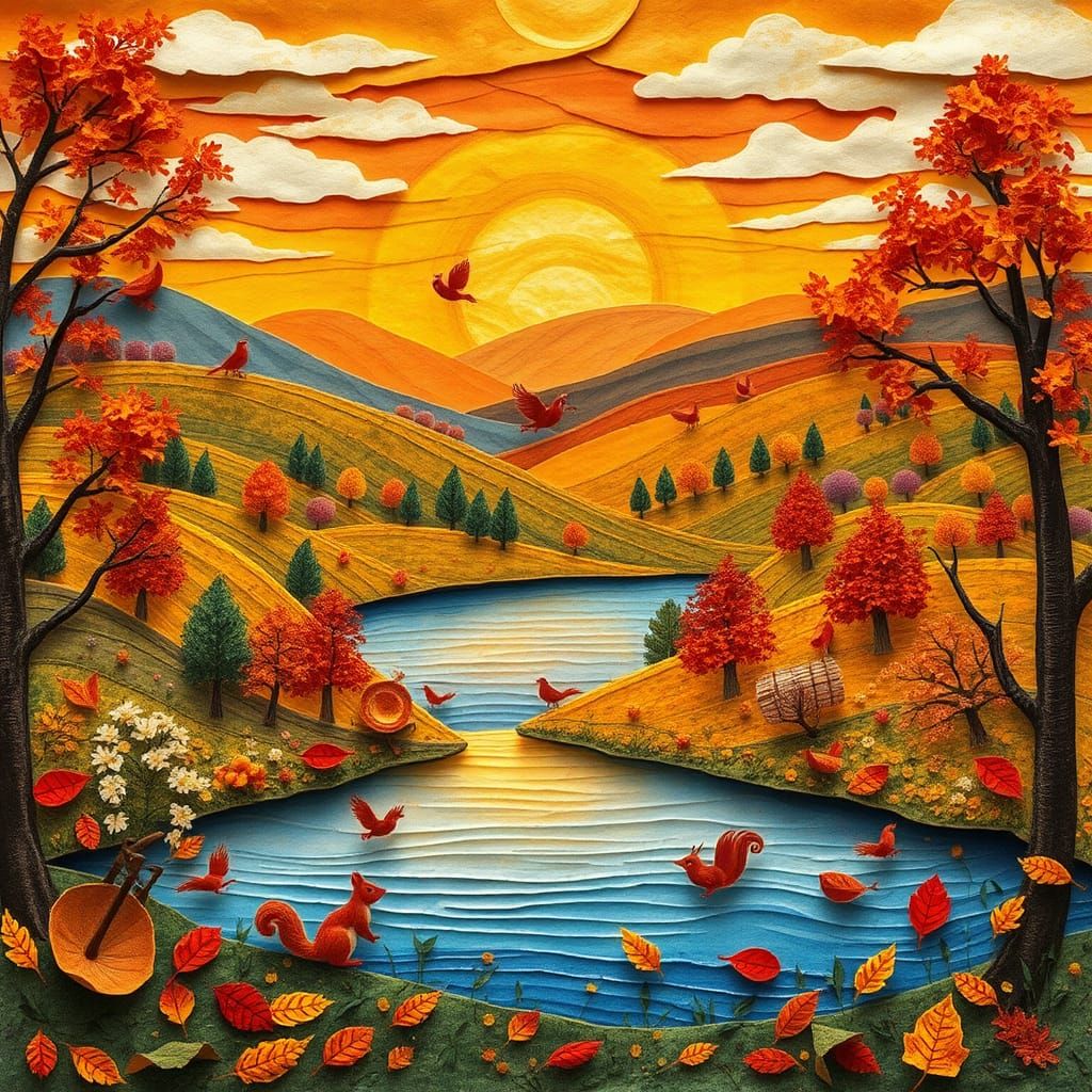 Whimsical Autumn Landscape in Paper Collage Style