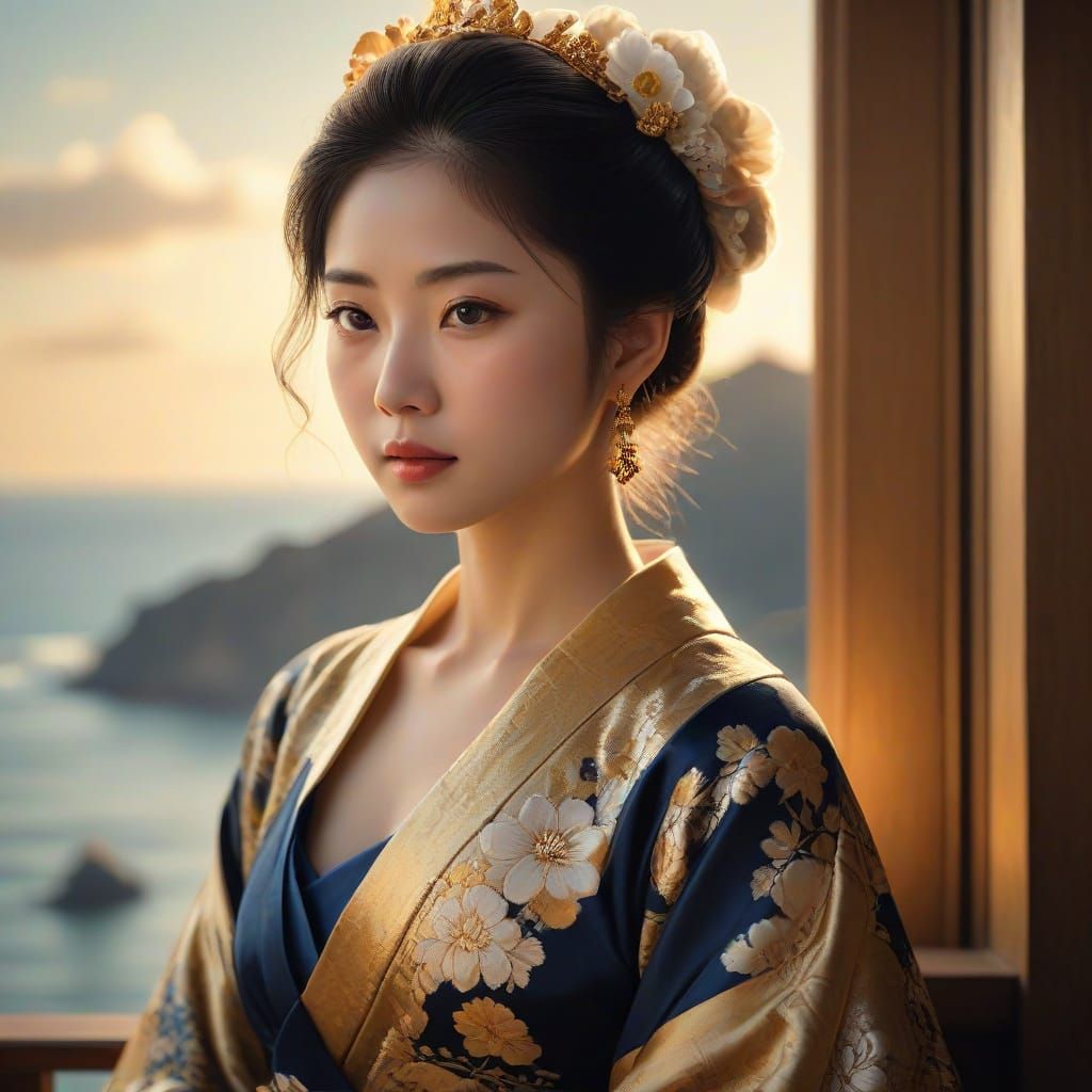 Elegant 18th Century Japanese Princess in Baroque Oil Painti...
