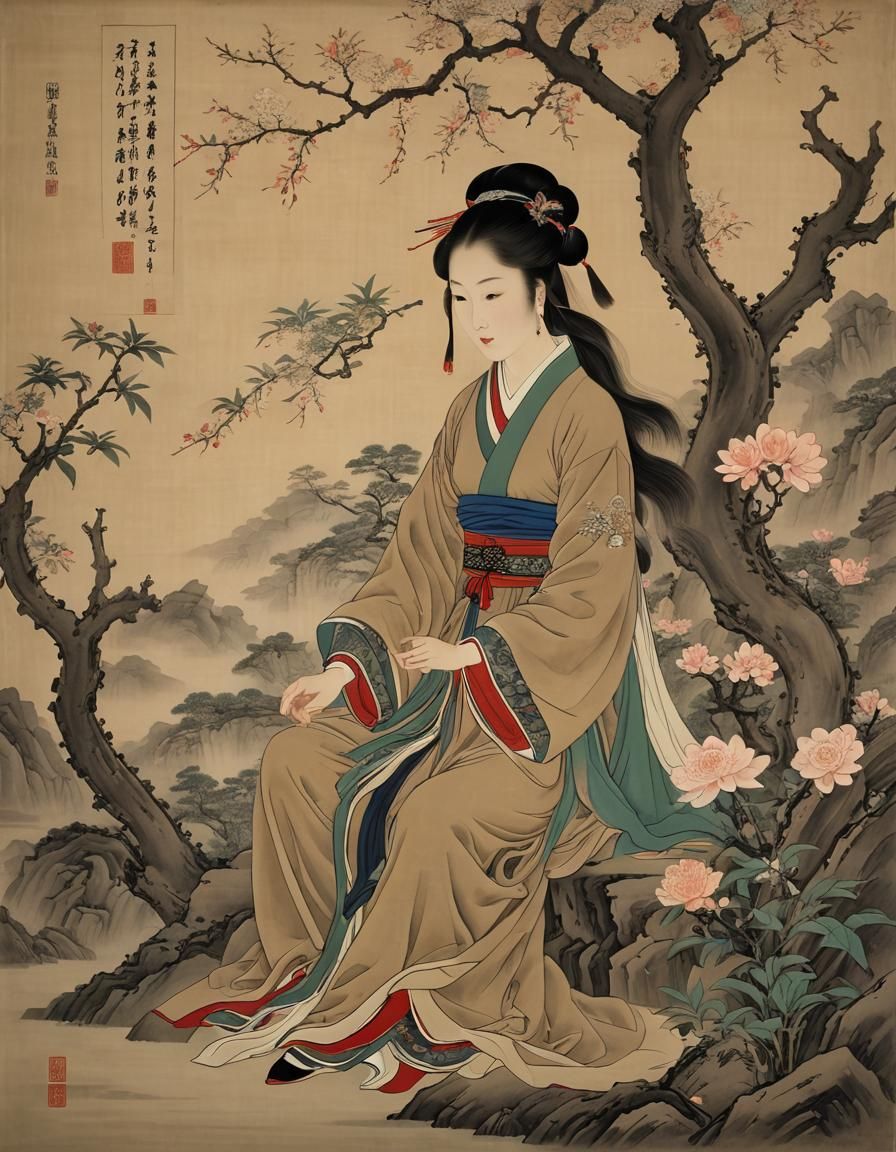 Ethereal Woman in Chinese Painting Style