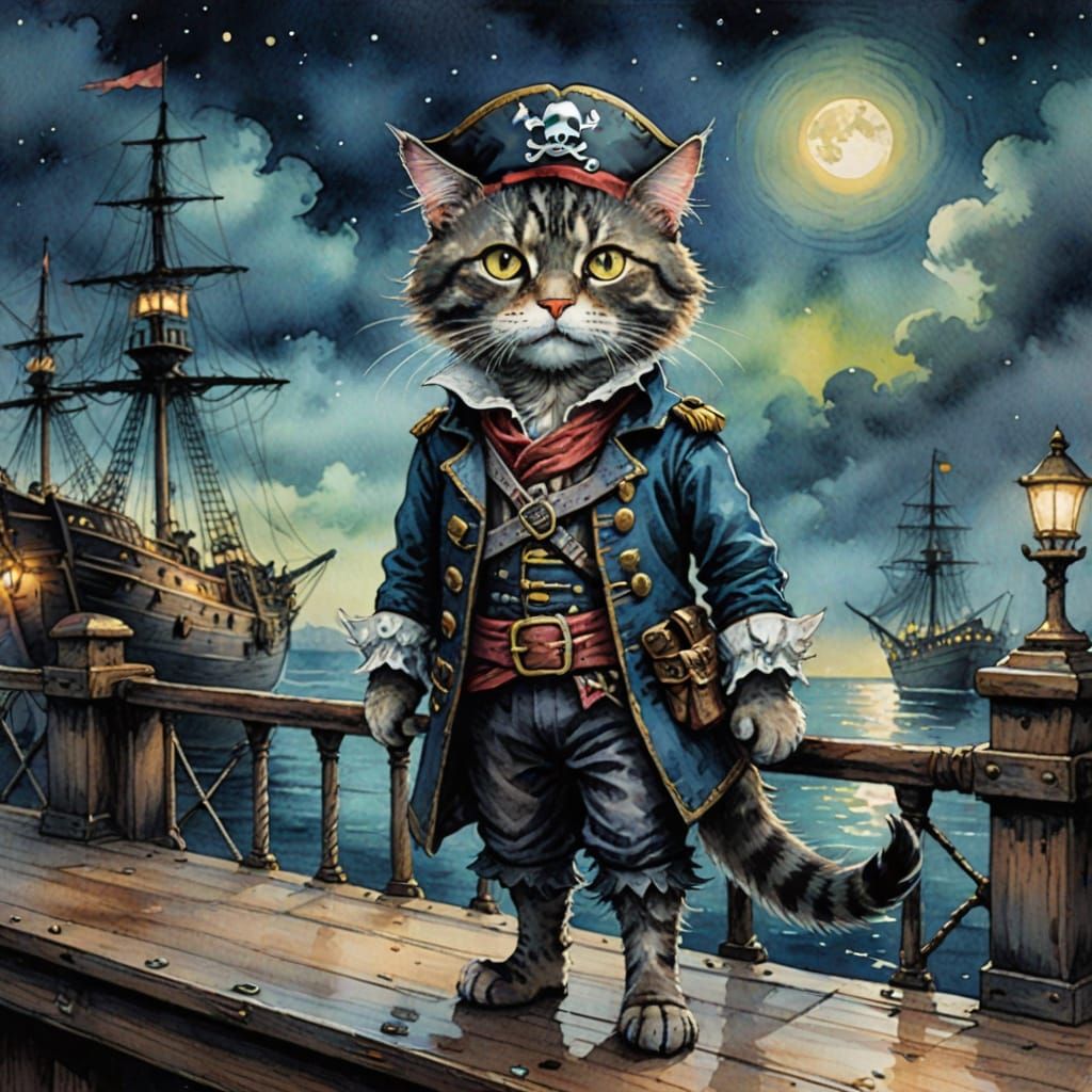 Whimsical Pirate Feline Steers Ship in Muted Watercolor