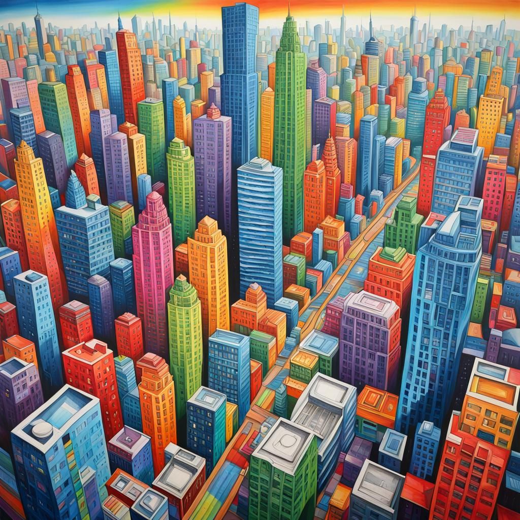 Hyperrealistic Rainbow Metropolis Abstract Art