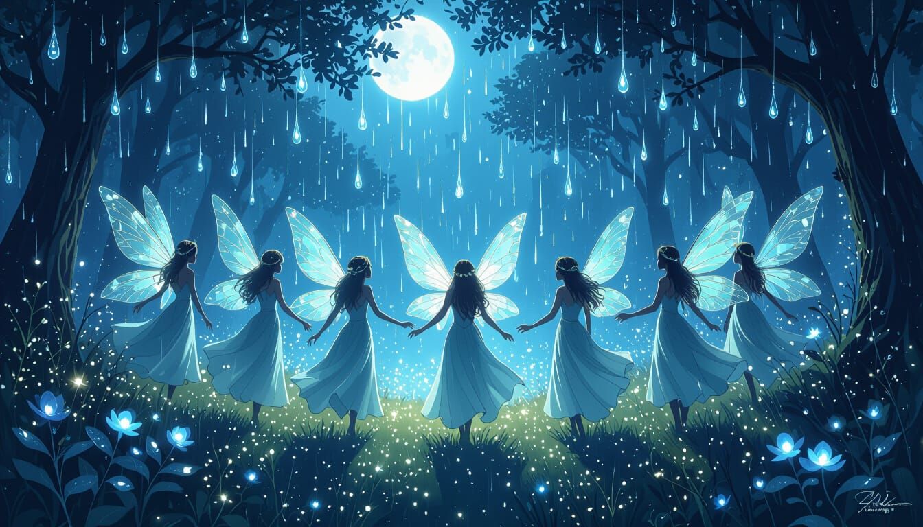 Fairies Dancing in Magical Midnight Rain Shower