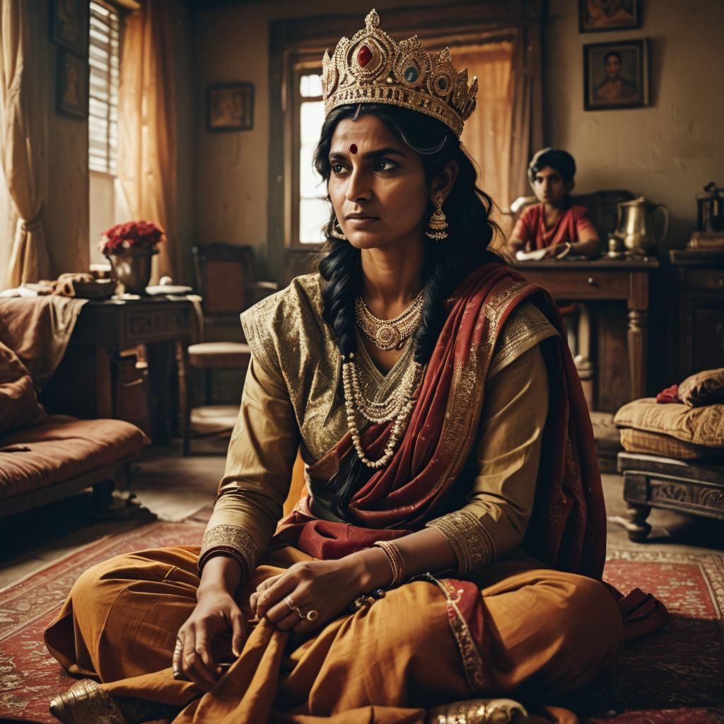Indian Mother and Son as Royalty: Cinematic Film Still