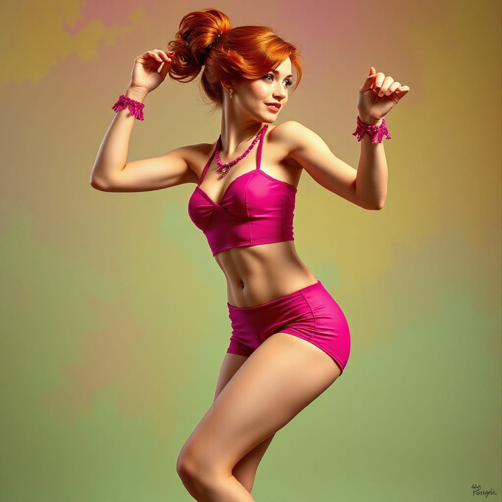 Dynamic Redhead Dancer in Art Nouveau Style