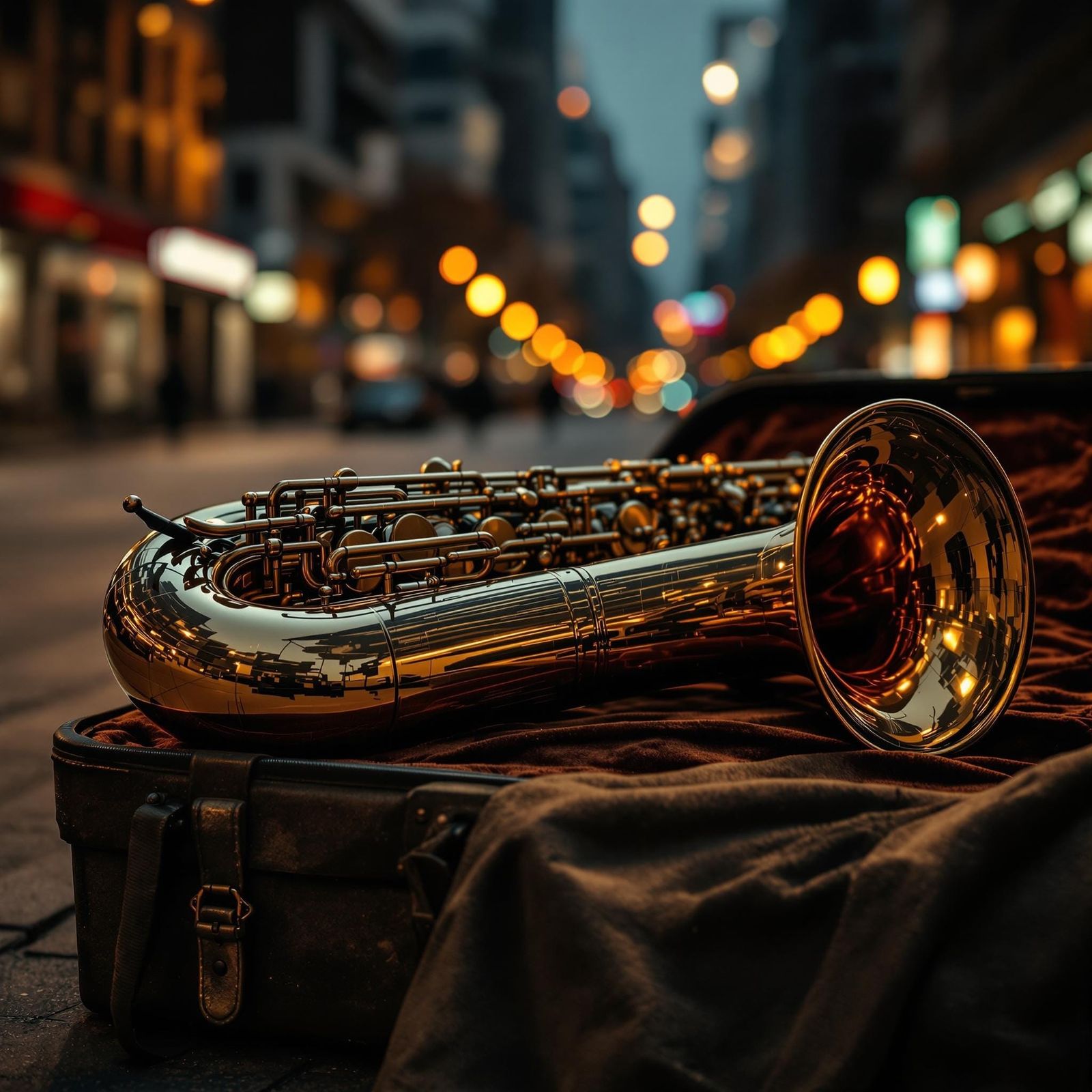 Bronze Baritone Saxophone Under City Streetlights