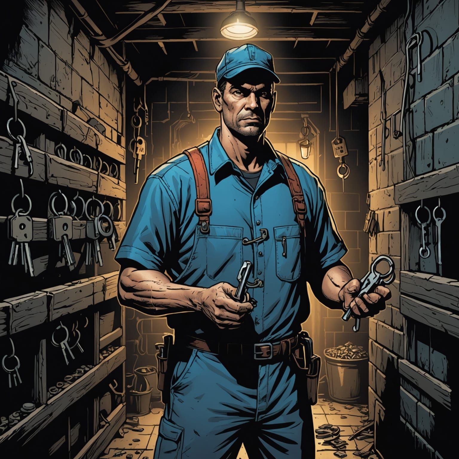 Eerie Janitor in Dark Cellar, Comic Book Art