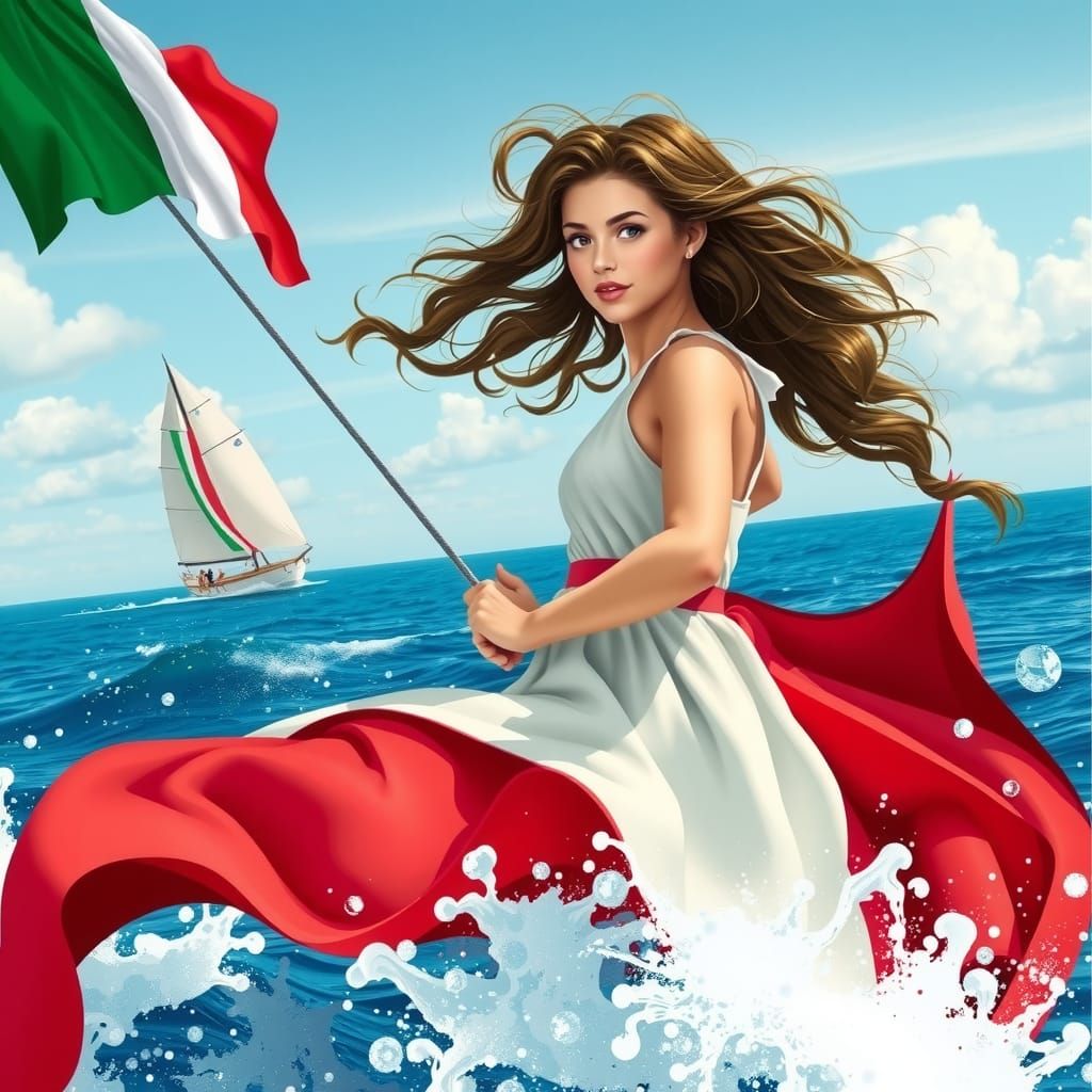 Girl Windsurfing with Italian Flag Sails