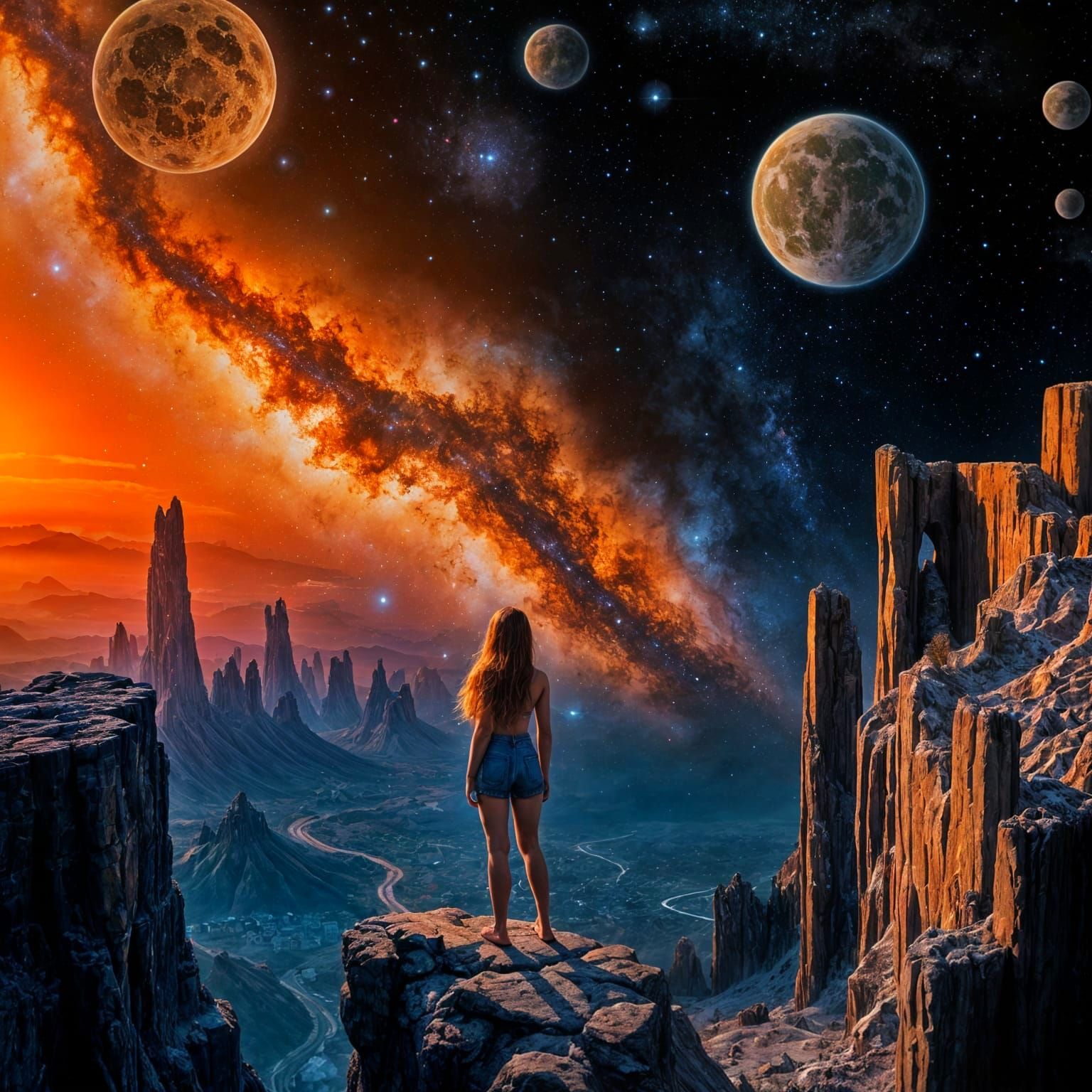 Girl, Cliffside Cityscape, and Galaxy Bubbles