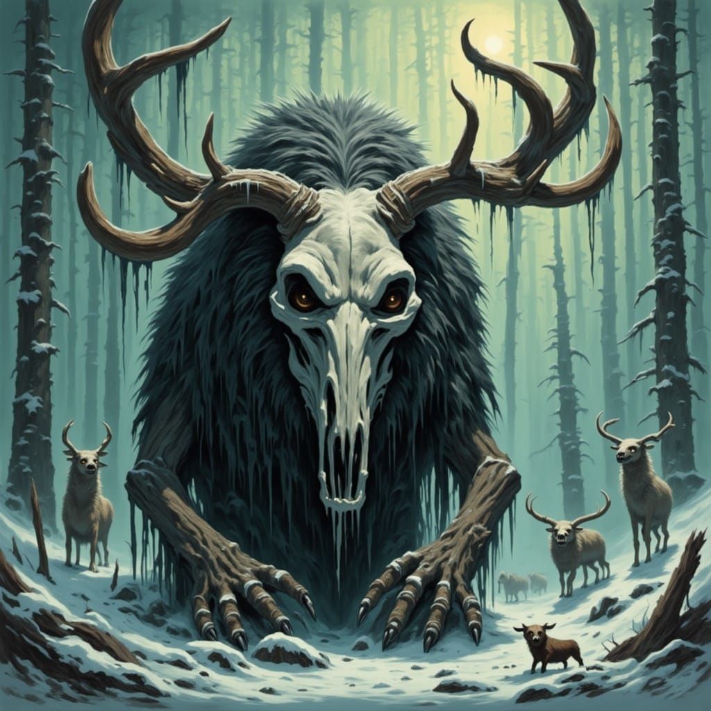 Mysterious Wendigo Stands Amidst Frozen Winter Landscape