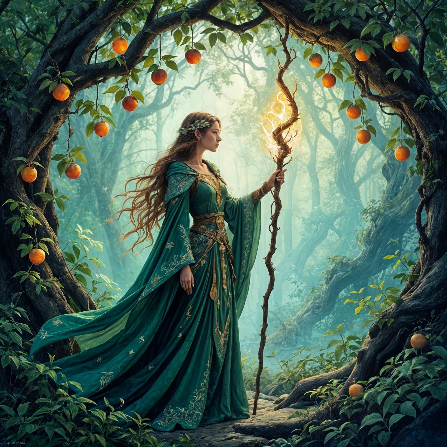 Elven Sorceress in Enchanted Forest, Gouache Painting