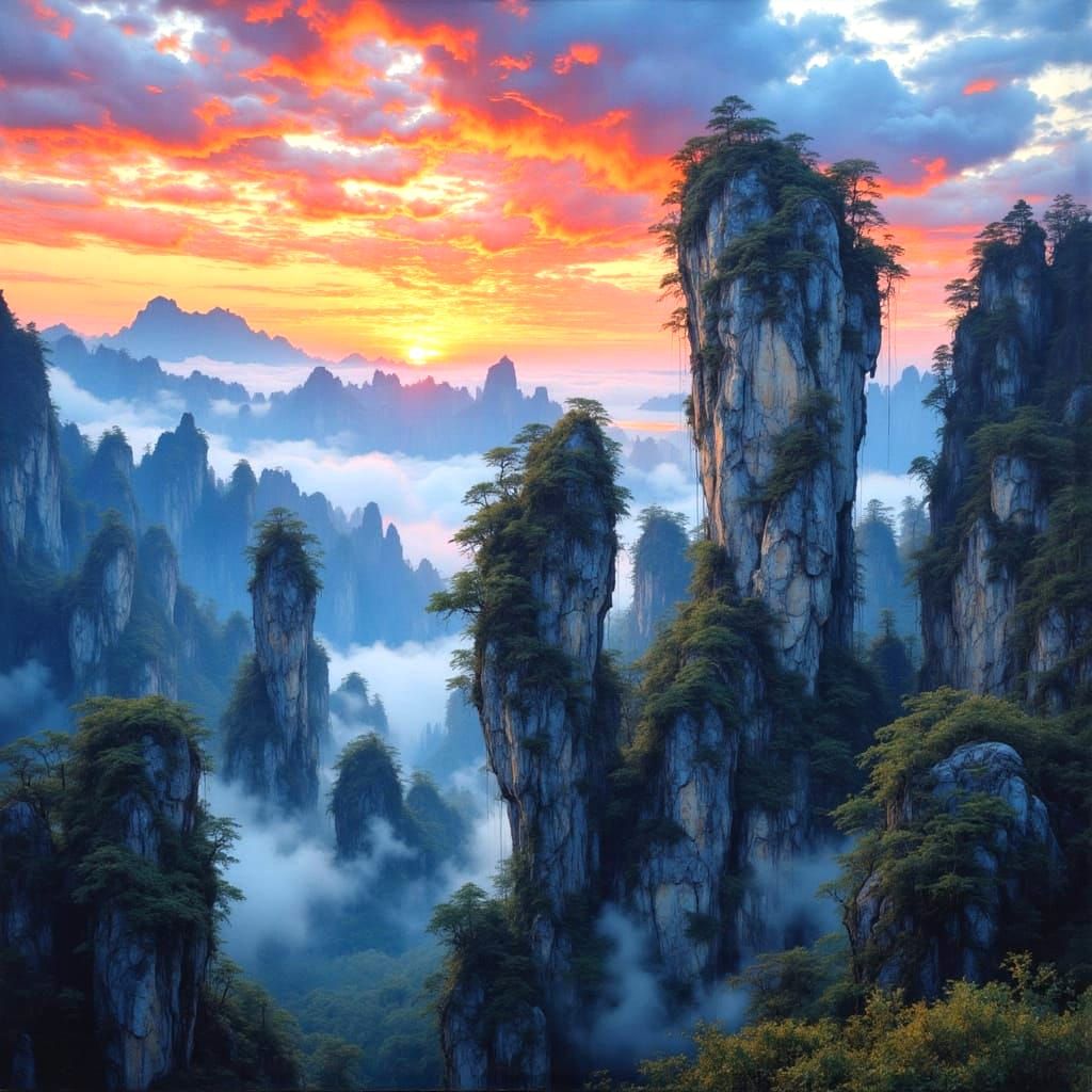 Zhangjiajie Park Basalt Pinnacles in Neurographic Style