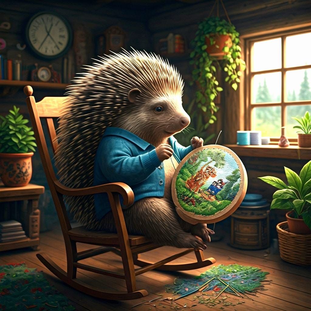 Anthropomorphic Porcupine Sewing Whimsical Woodland Scene