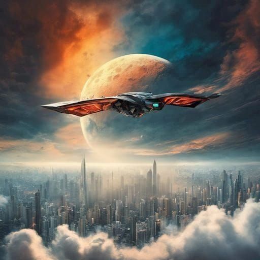 Retrofuturist Flying Supercar in Cyberpunk Cityscape