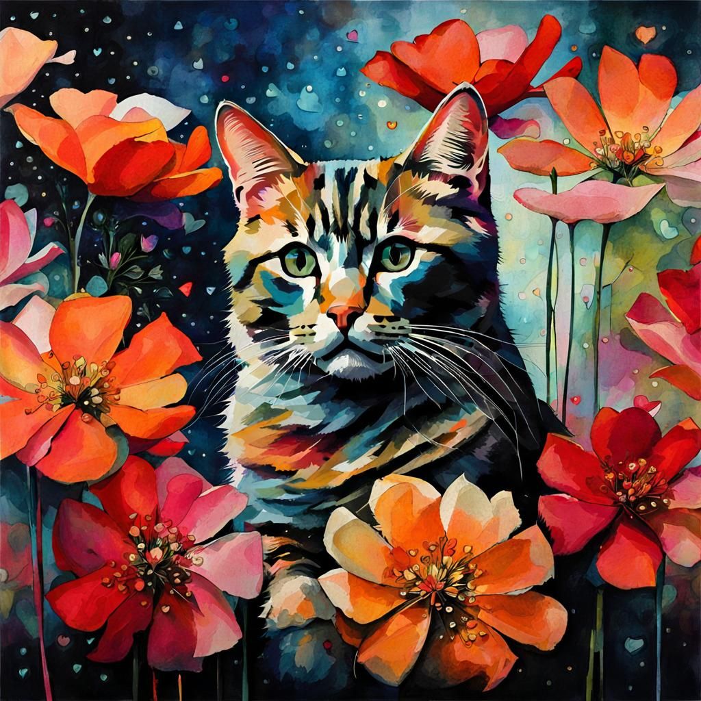 Cat on Pillow Surrounded by Flowers, Portrait Style