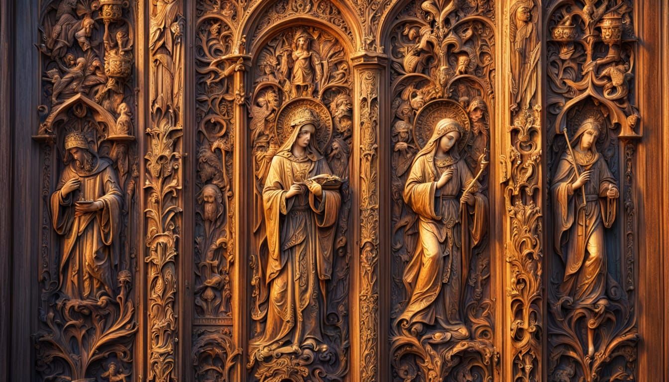 A beautiful medieval wood carving. Magnificent wooden engrav...