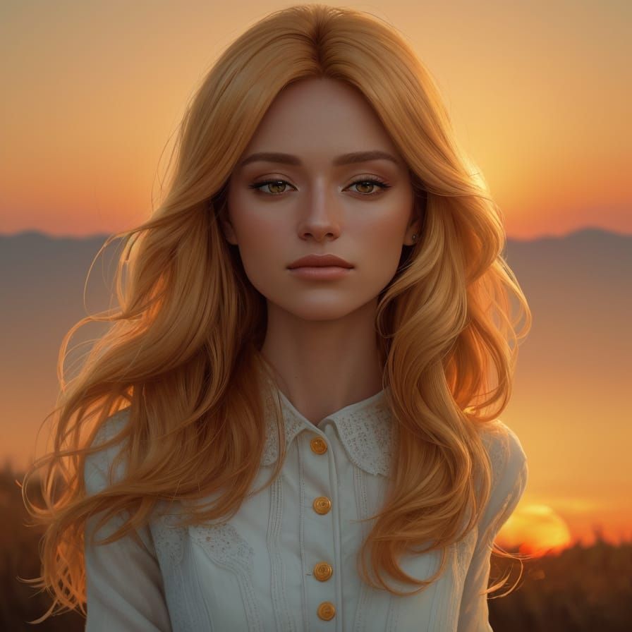 Romantic Woman Before Sunset in Oil Painting Style