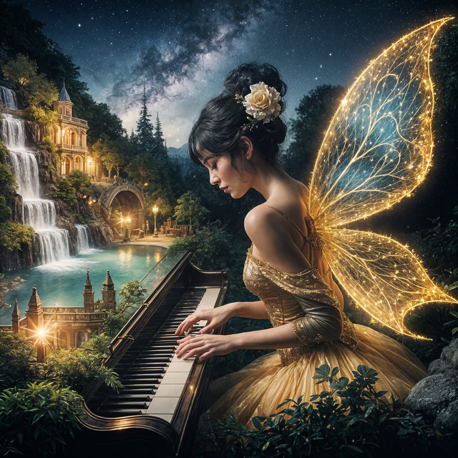 Noir Fairy Plays Piano in Dream Garden