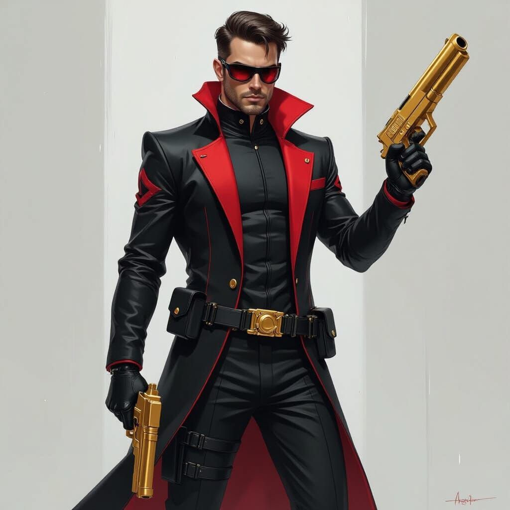 Futuristic Figure with Golden Guns in Industrial Setting