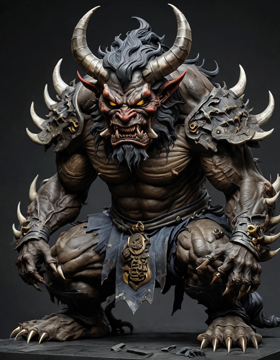 Menacing Oni Demon in a Dark Cave