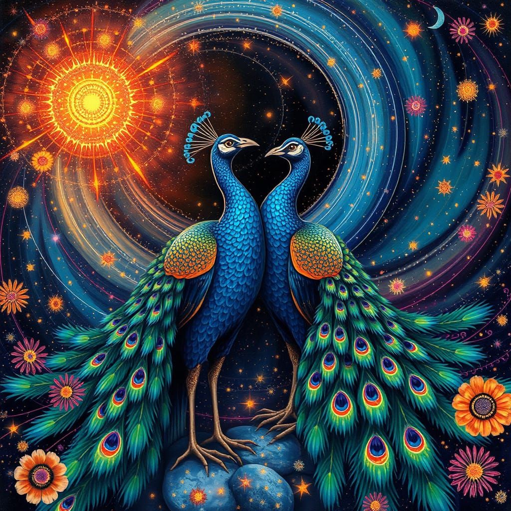 Majestic Peacocks in a Cosmic Dreamscape