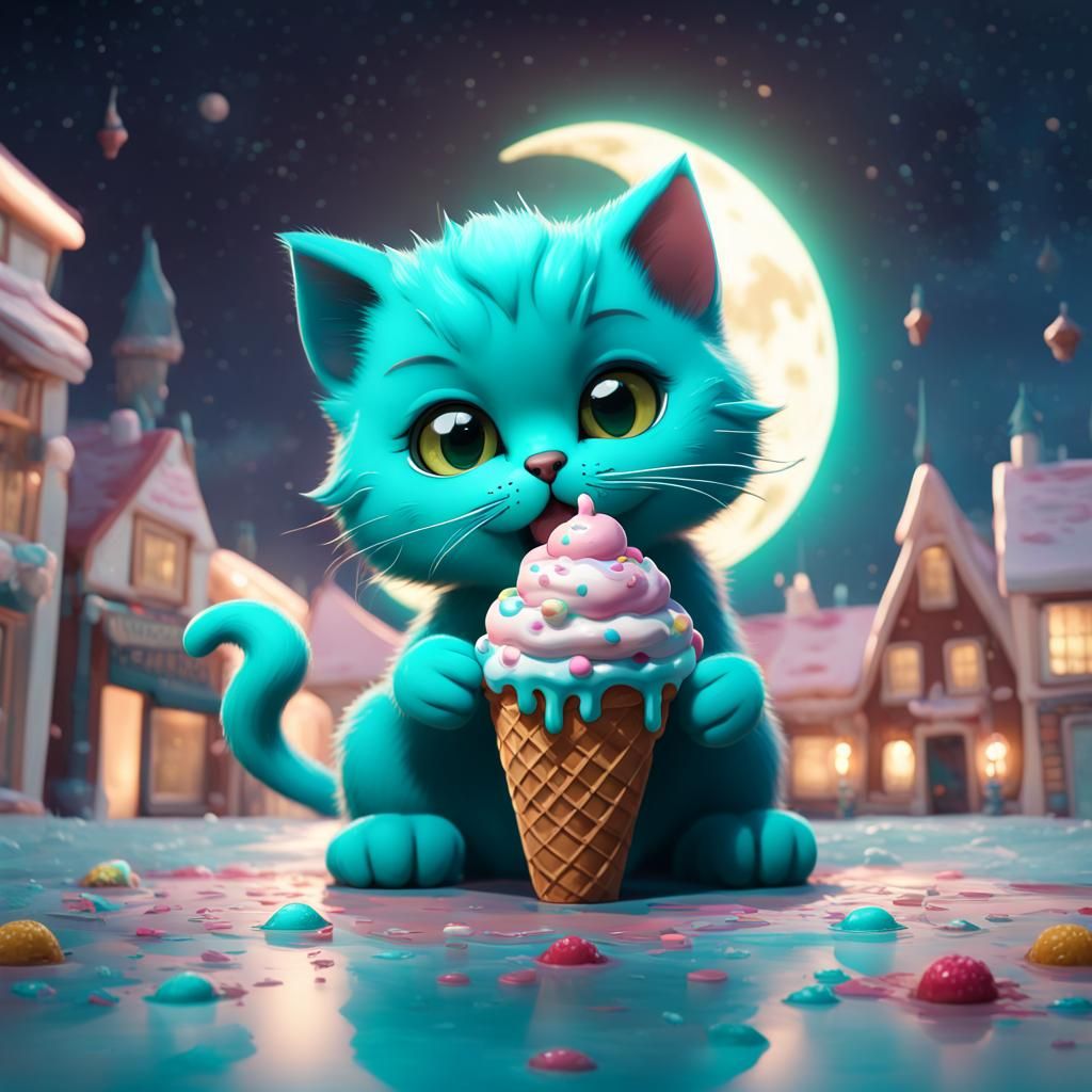 Teal Kitten's Moonlit Ice Cream Feast